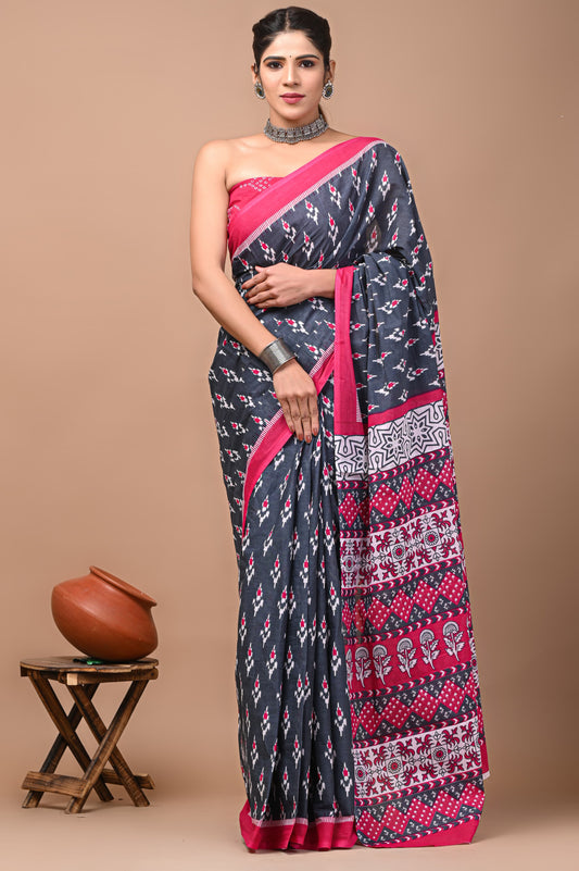 Printed Mulmul Cotton Saree With Pom Pom Lace