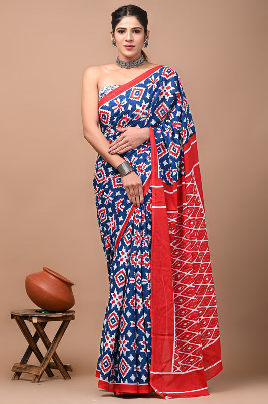 Printed Mulmul Cotton Saree With Pom Pom Lace