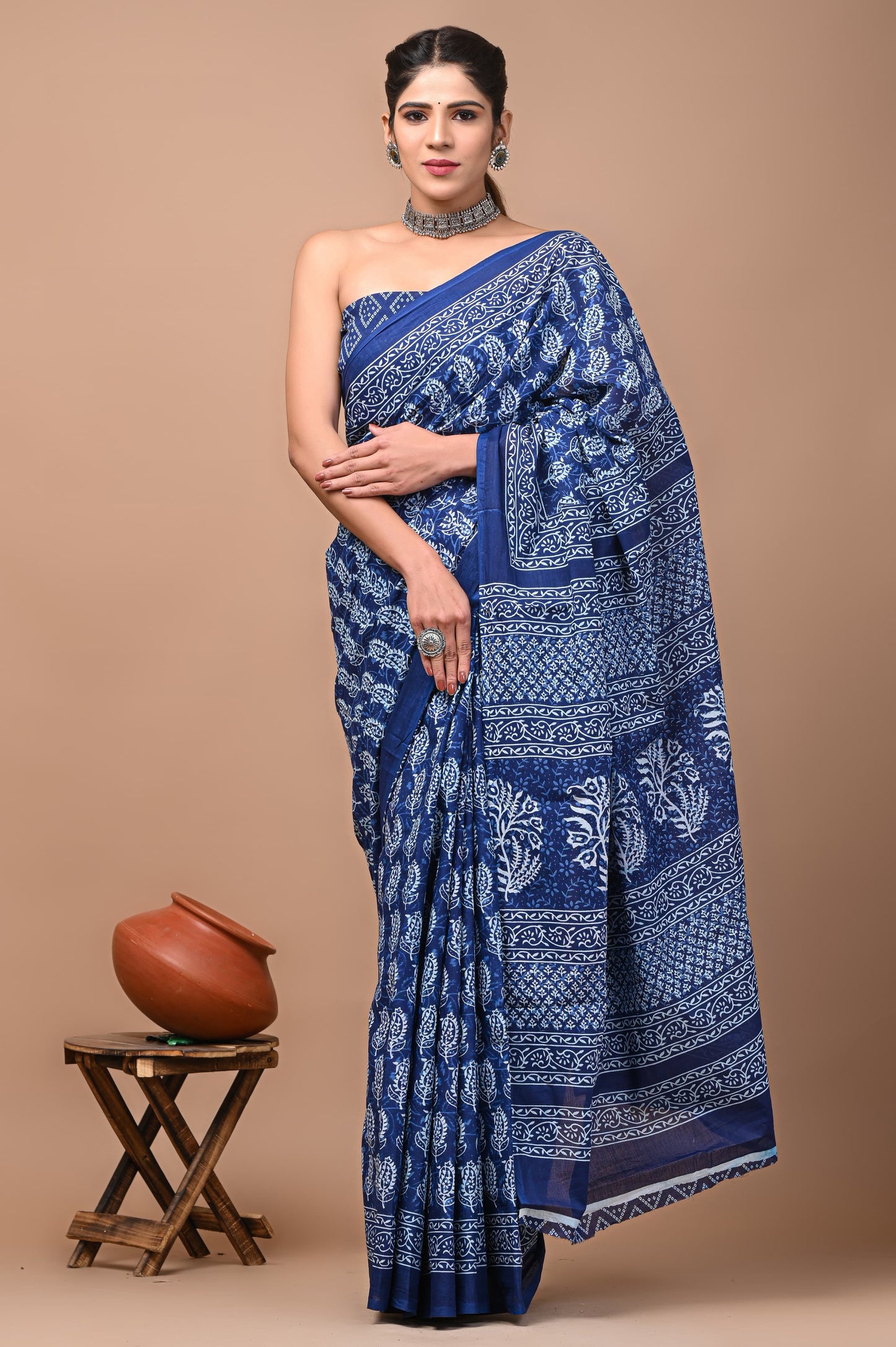 Printed Mulmul Cotton Saree With Pom Pom Lace