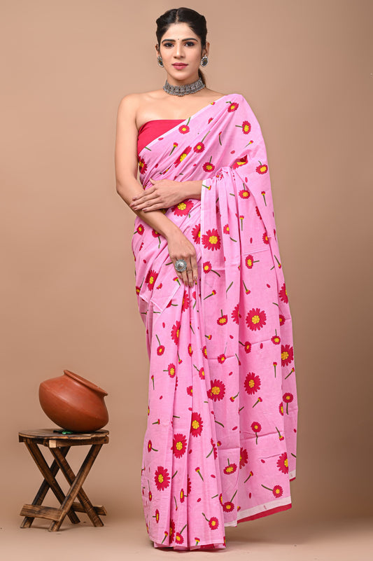 Printed Mulmul Cotton Saree With Pom Pom Lace