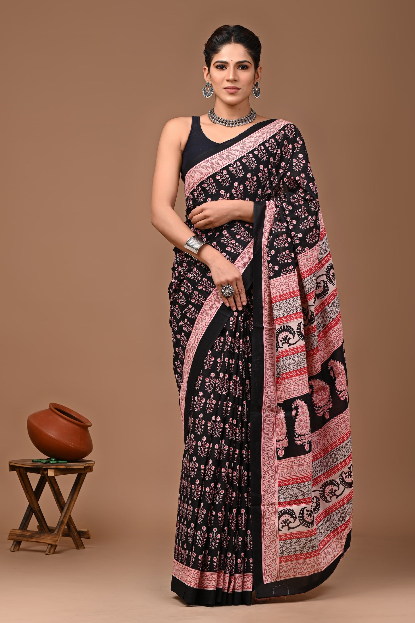 Printed Mulmul Cotton Saree With Pom Pom Lace