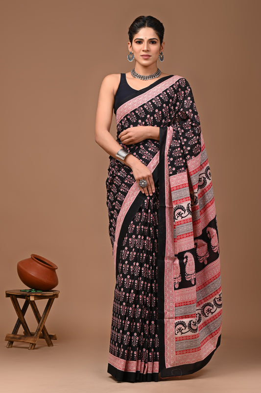 Printed Mulmul Cotton Saree With Pom Pom Lace