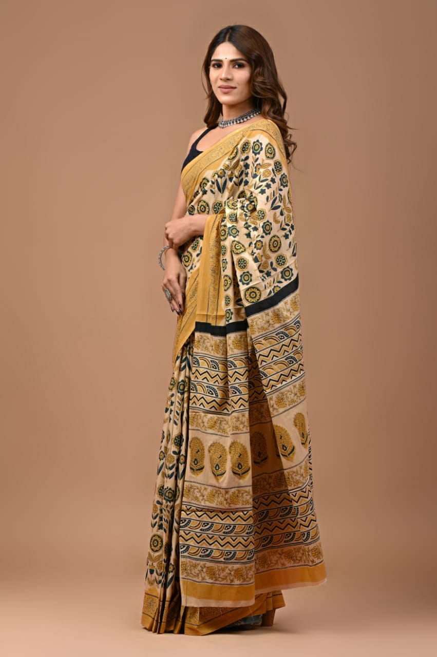 Mulmul Vanaspati Ajrakh Printed Saree