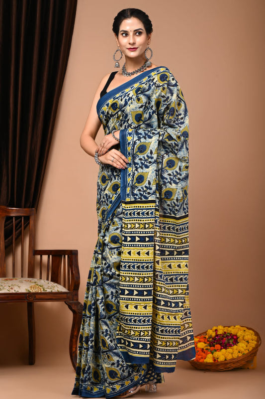 Mulmul Vanaspati Ajrakh Printed Saree