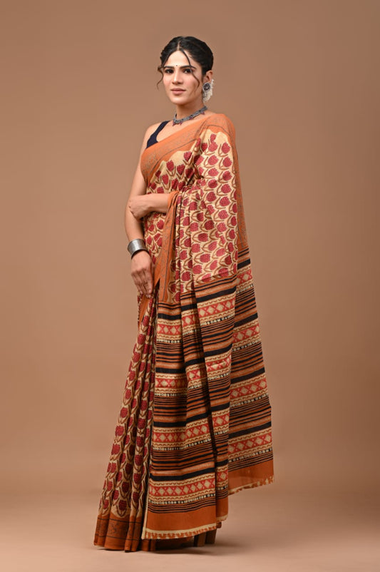 Mulmul Vanaspati Ajrakh Printed Saree