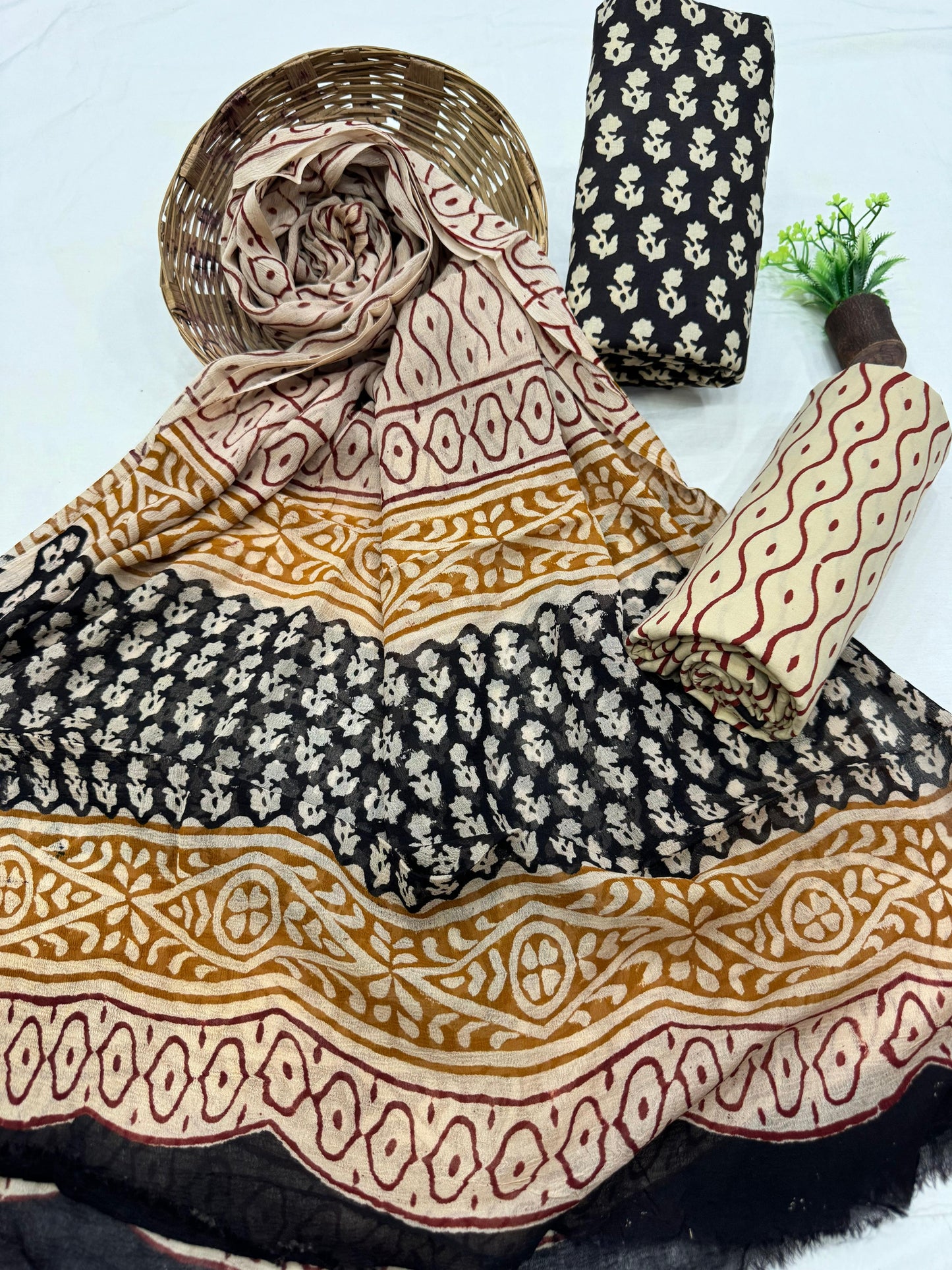 Exclusive Hand Block Printed Cotton Suit Set with Chiffon Dupatta