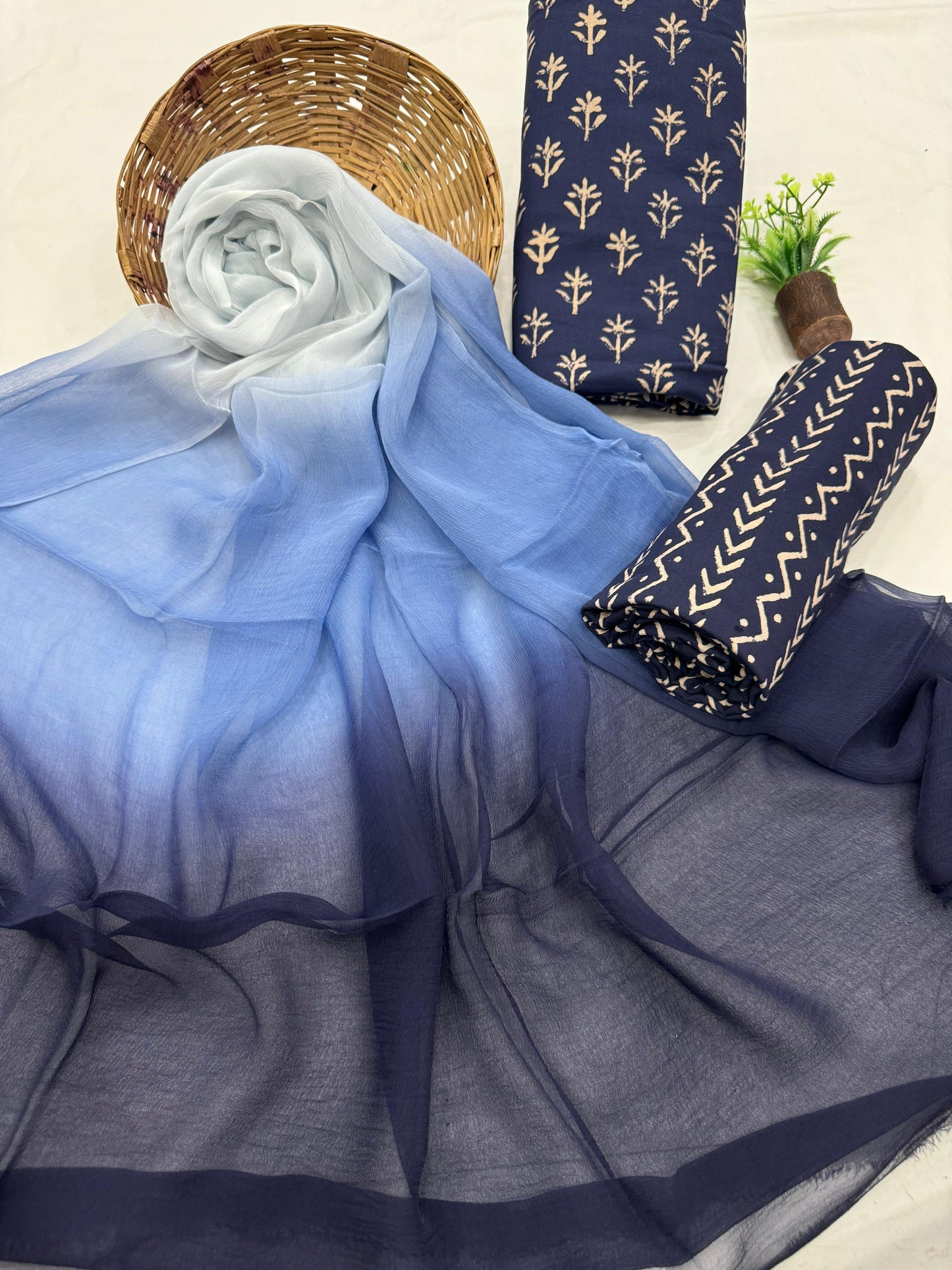 Exclusive Hand Block Printed Cotton Suit Set with Chiffon Dupatta