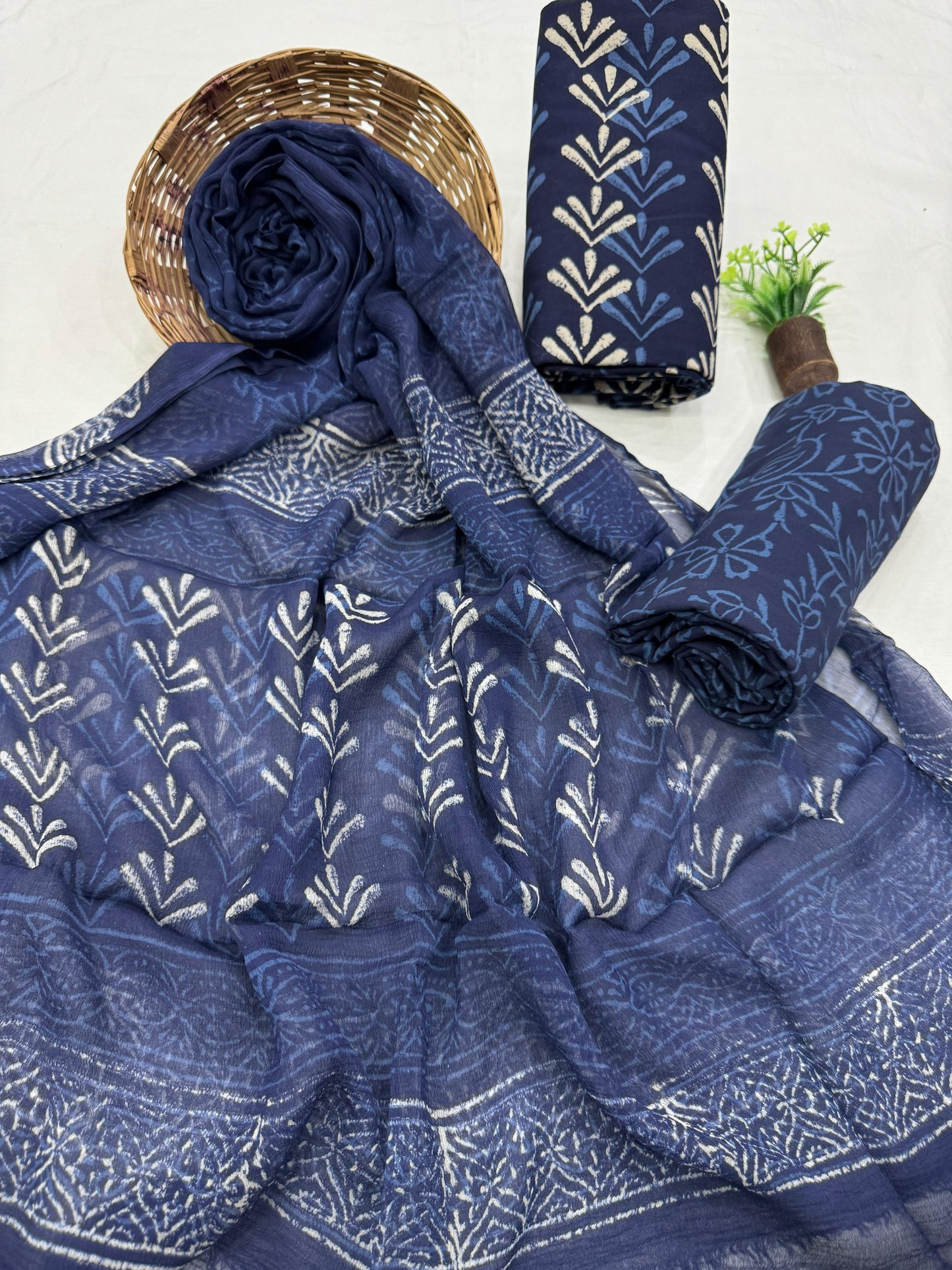 Exclusive Hand Block Printed Cotton Suit Set with Chiffon Dupatta