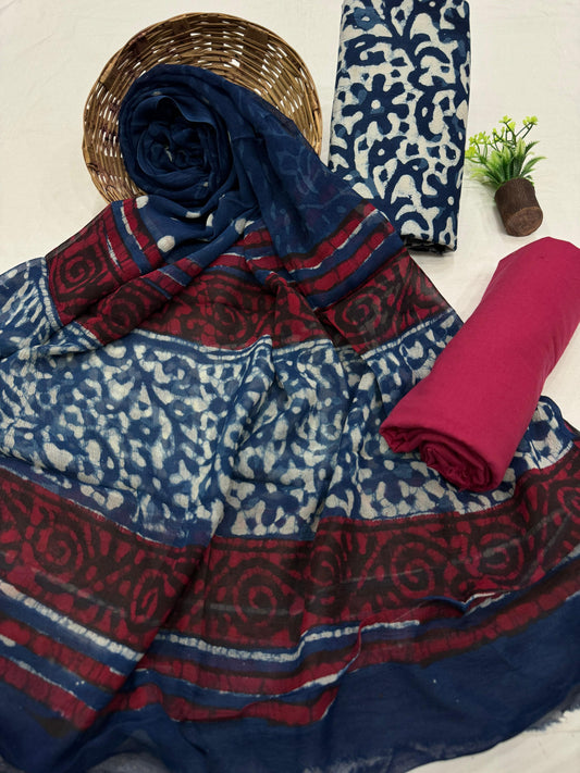 Exclusive Hand Block Printed Cotton Suit Set with Chiffon Dupatta