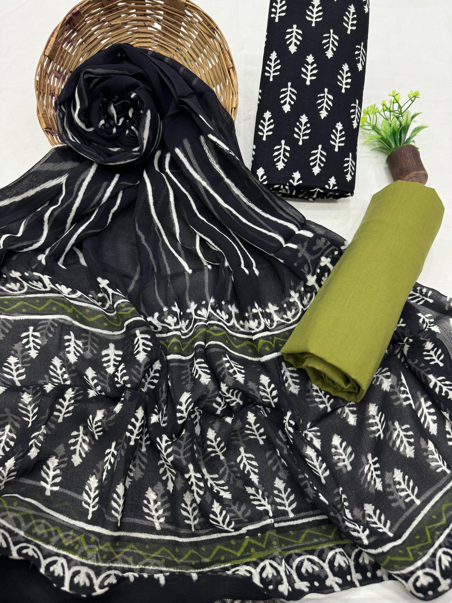 Exclusive Hand Block Printed Cotton Suit Set with Chiffon Dupatta