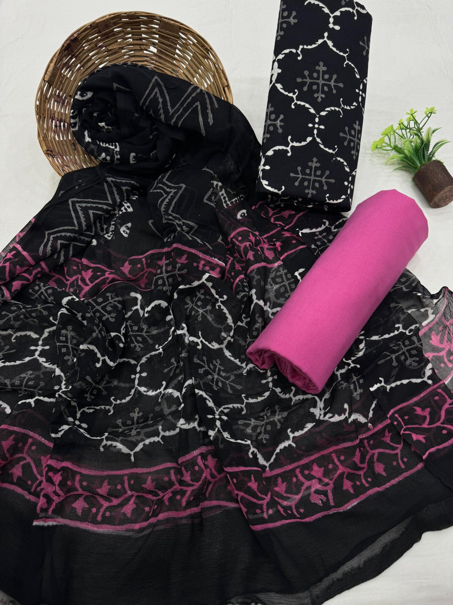 Exclusive Hand Block Printed Cotton Suit Set with Chiffon Dupatta