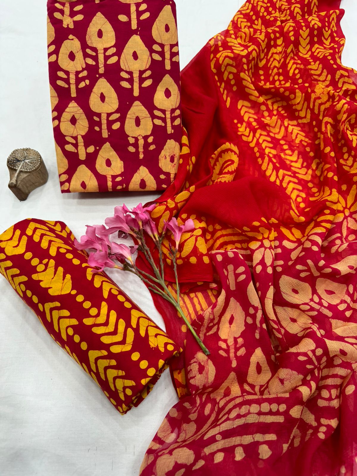 Exclusive Hand Block Printed Cotton Suit Set with Chiffon Dupatta