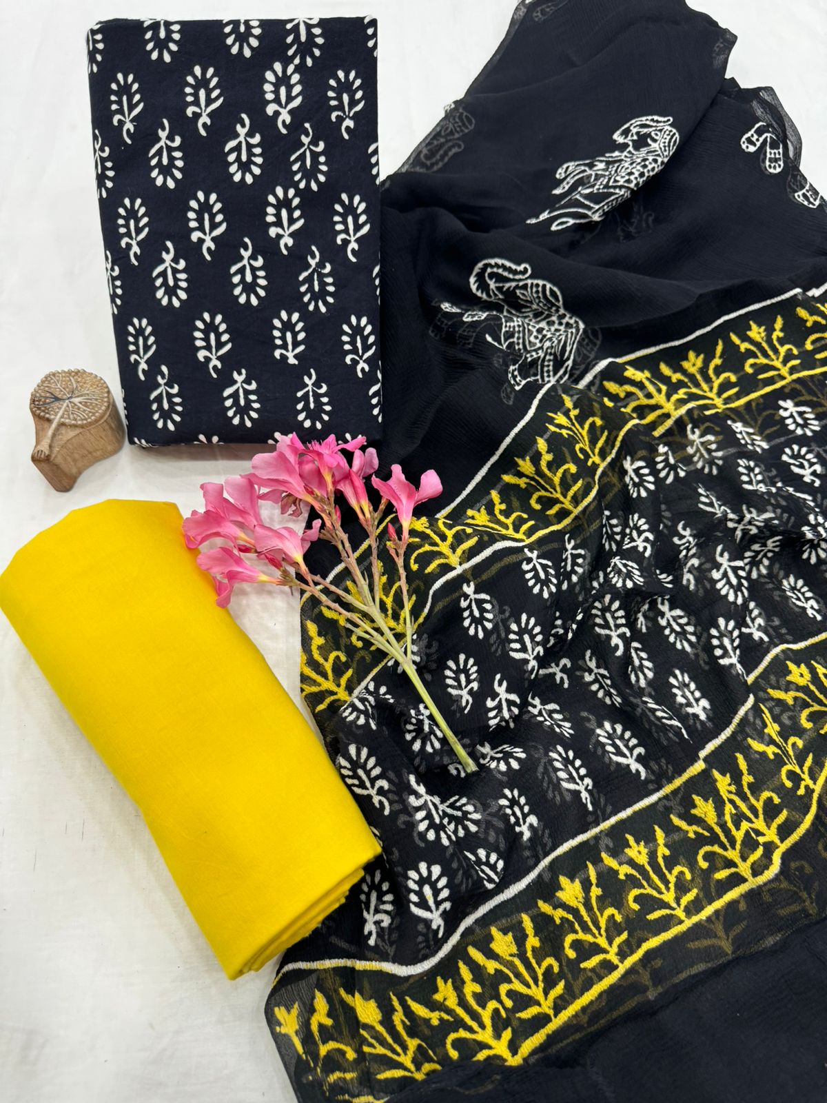 Exclusive Hand Block Printed Cotton Suit Set with Chiffon Dupatta