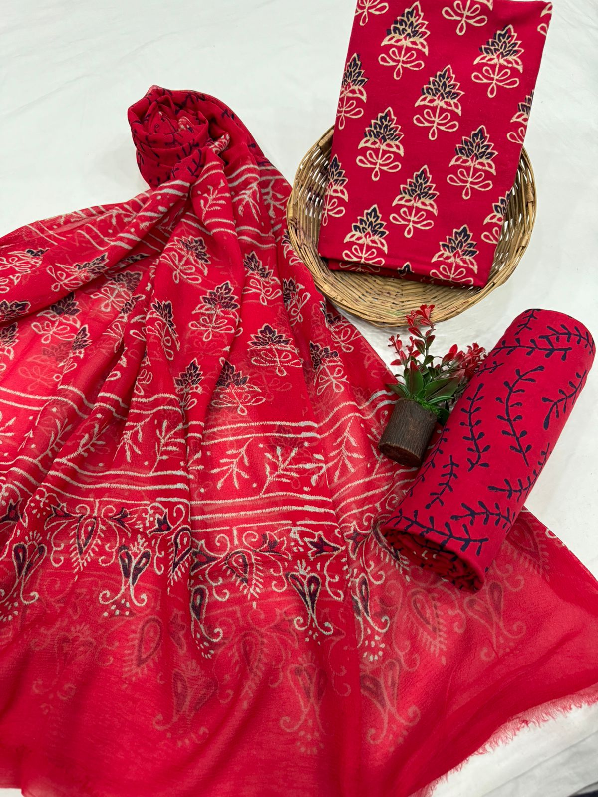 Exclusive Hand Block Printed Cotton Suit Set with Chiffon Dupatta