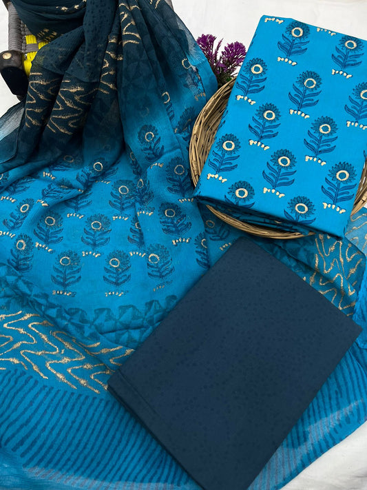 Exclusive Hand Block Printed Cotton Suit Set with Chiffon Dupatta