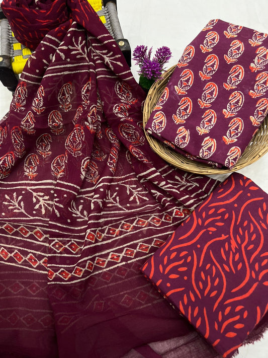 Exclusive Hand Block Printed Cotton Suit Set with Chiffon Dupatta