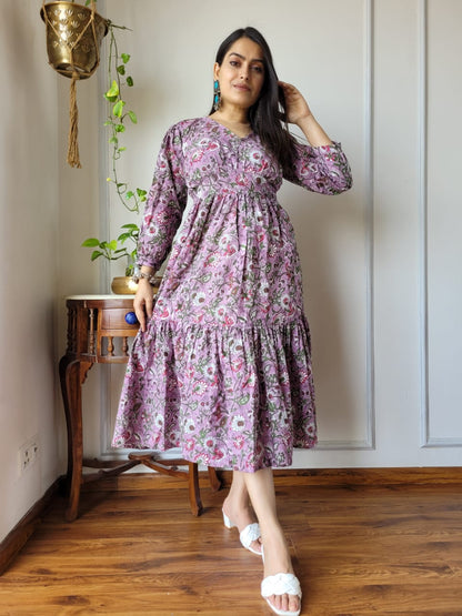 Hand block Printed Long Tier Dress