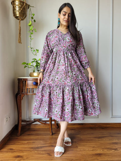 Hand block Printed Long Tier Dress