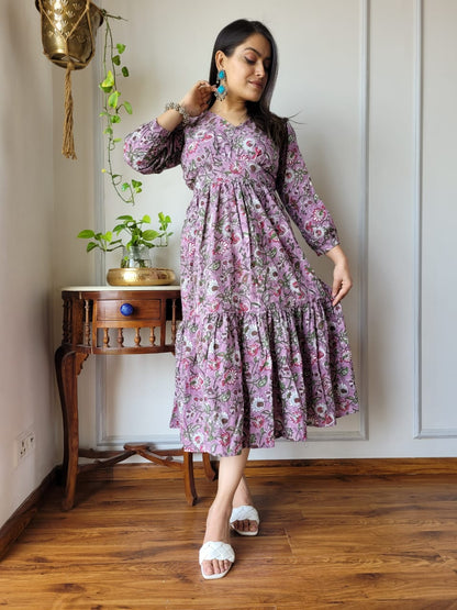 Hand block Printed Long Tier Dress