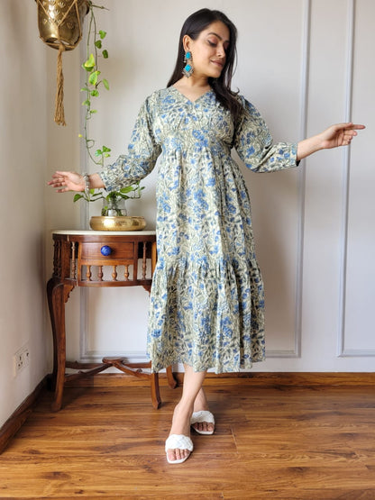 Hand block Printed Long Tier Dress