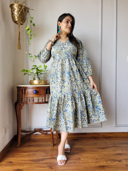 Hand block Printed Long Tier Dress