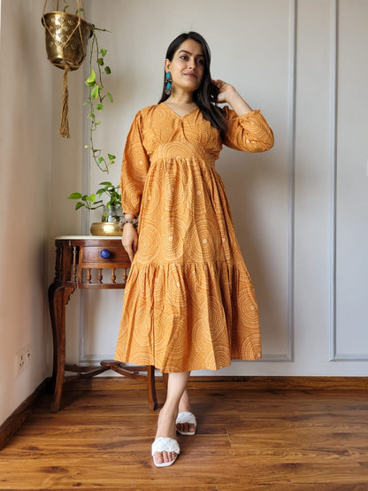 Hand block Printed Long Tier Dress