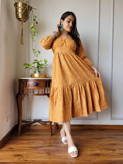 Hand block Printed Long Tier Dress