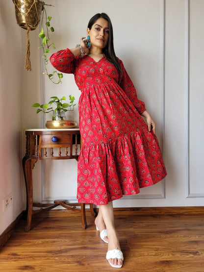 Hand block Printed Long Tier Dress